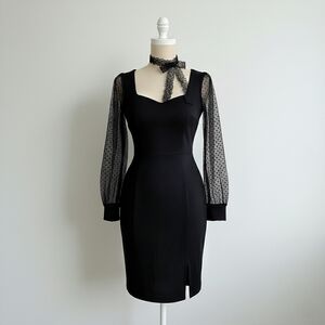 Elegant Black Dress with Sheer Polka Dot Lantern Sleeves